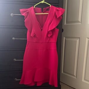 BCBGMaxAzria Hot Pink Ruffle V-Neck Mini Dress
